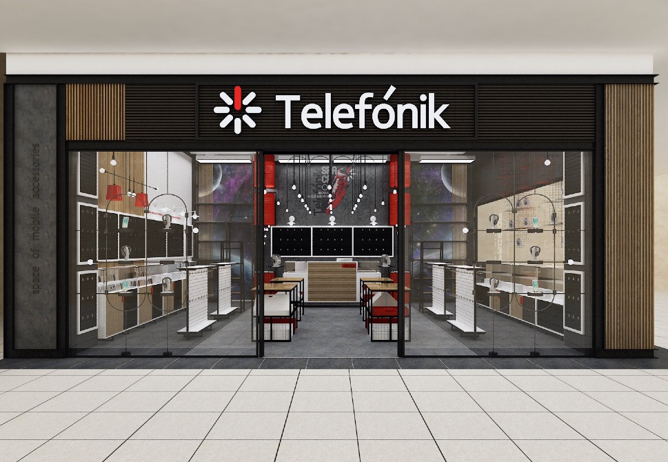 Фасад магазина с логотипом Телефоник, стильный и современный дизайн