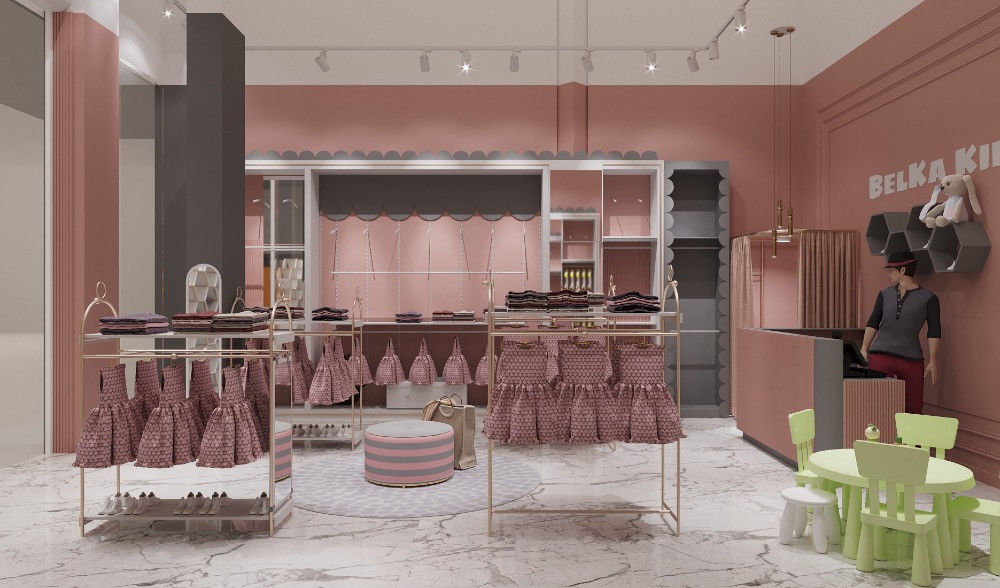 Интерьер бутика с розовыми акцентами, стильная демонстрация одежды