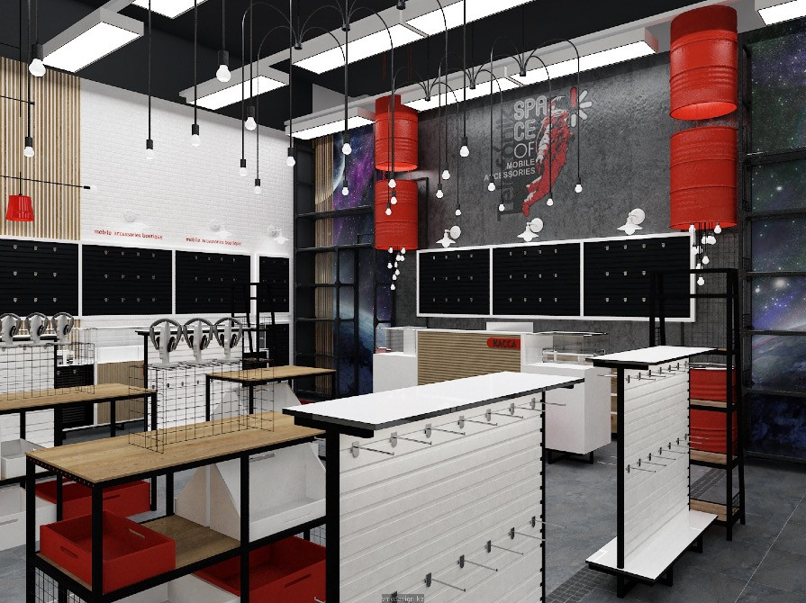 Интерьер магазина с современным дизайном, стильное освещение и элементы космической темы