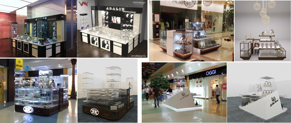 Сауда орталықтарындағы түрлі сауда кеңістіктері мен витриналардың мысалдары