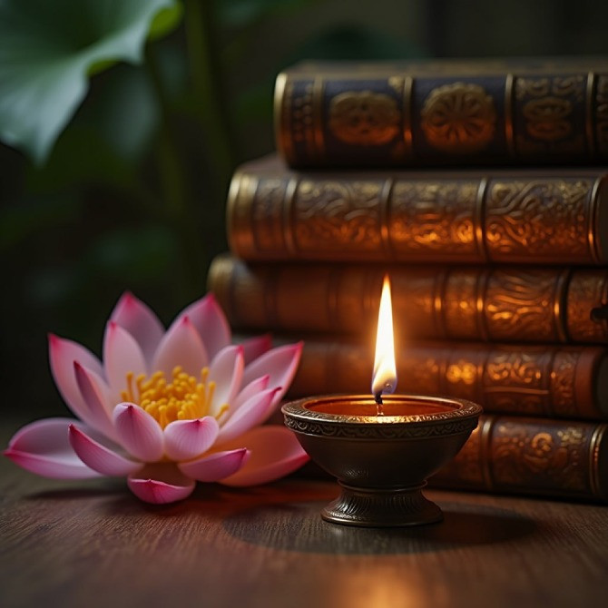 Свеча горит рядом с книгами и цветком лотоса, создавая атмосферу спокойствия и уюта