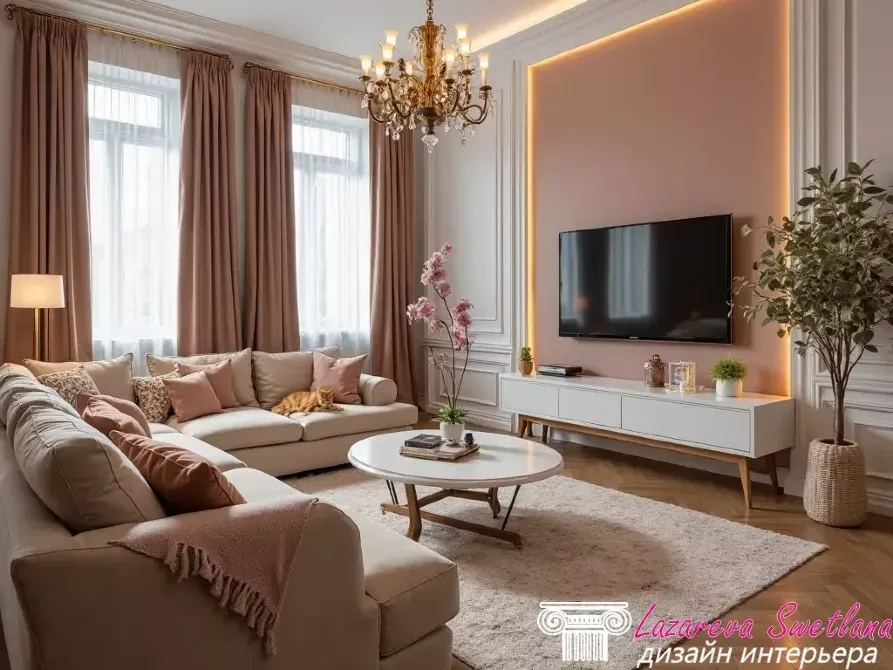 Заманауи әрі жайлы қонақ бөлме, жұмсақ жиһаз бен теледидар