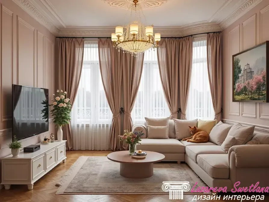 Жарық қонақ бөлме, диван және үлкен терезелермен