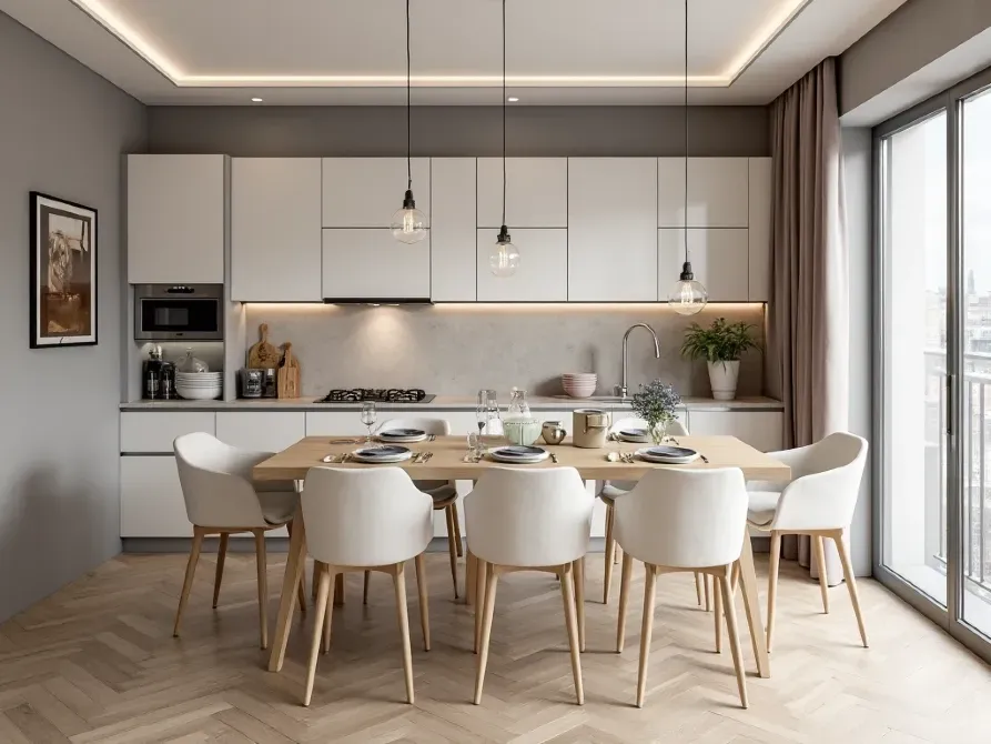 Заманауи асхана-ас орны, ағаш үстел мен орындықтармен