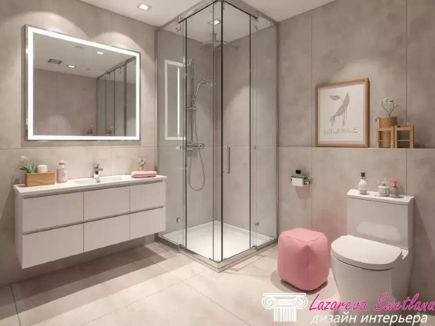 Стильді ванна бөлмесі, душ кабинесі және заманауи дизайнмен