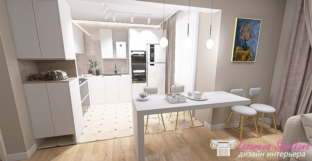 Минималистік асхана, обед үстелі және ашық түстермен