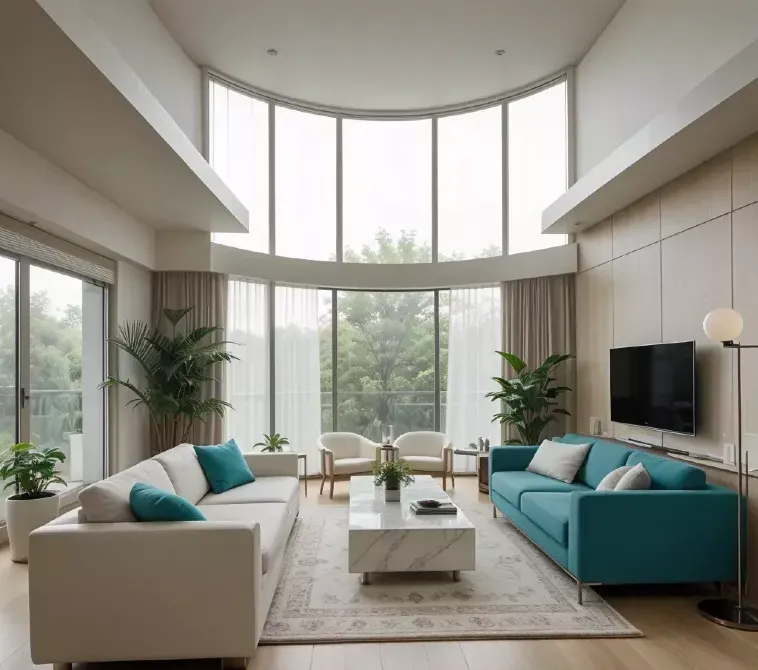 Заманауи қонақ бөлме, үлкен терезелер және жасыл декормен