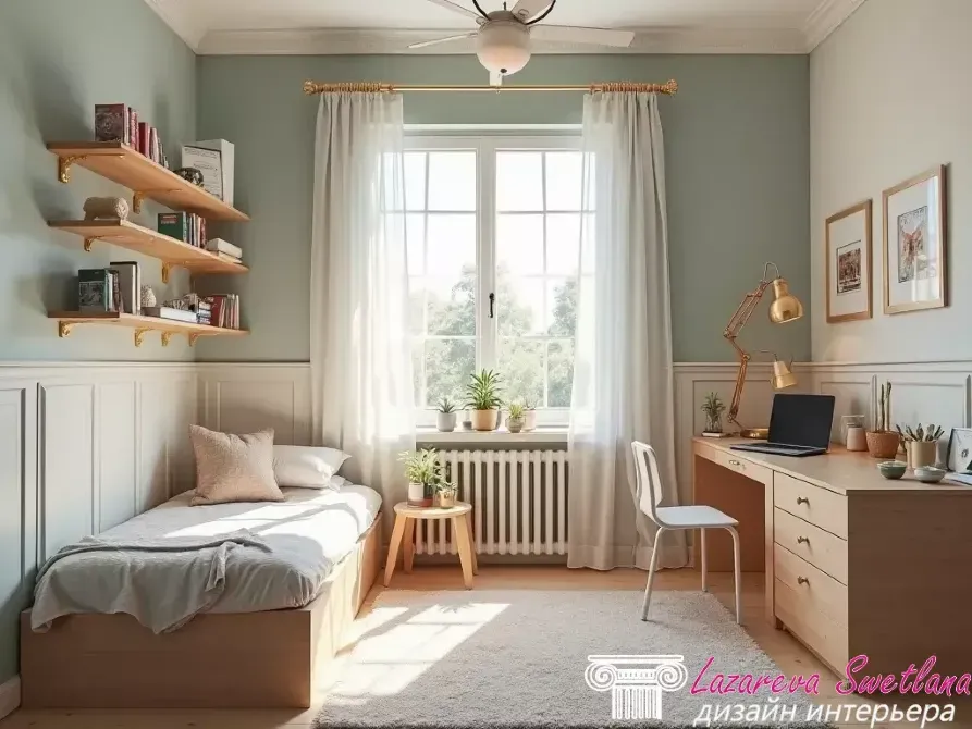 Жайлы жатын бөлме, жұмыс орны мен үлкен тереземен