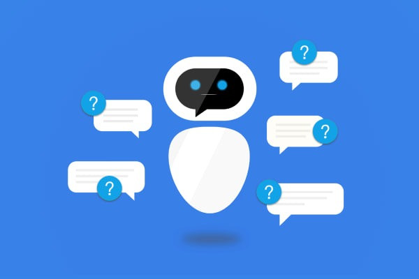 Синь фондағы сұрақ-жауап функциясы бар чат-боттың иллюстрациясы.