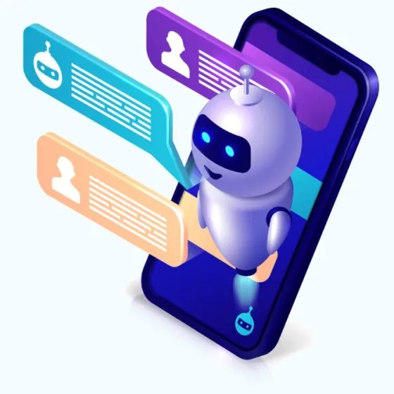 Иллюстрация робота-чат-бота, выходящего из смартфона с текстовыми сообщениями на экране