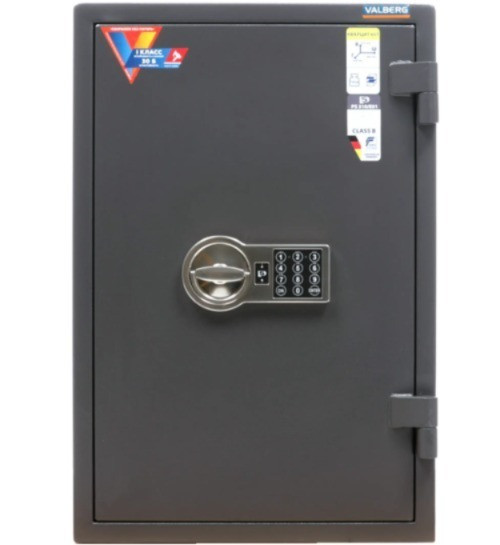 Кодтық құлыппен жабық сейф, алдыңғы панелде жапсырмалар