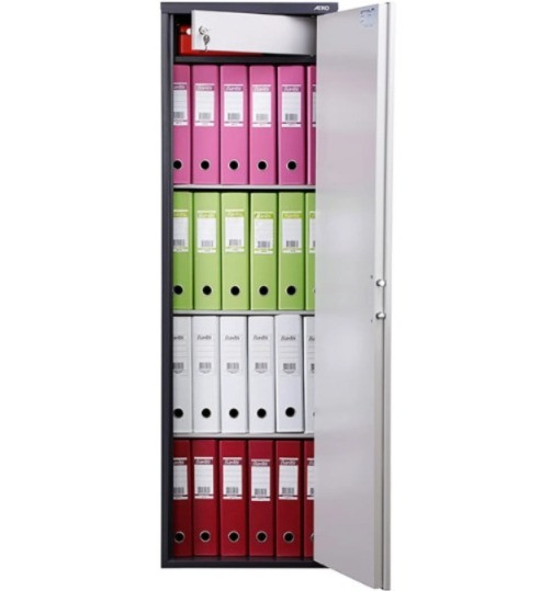 Ашық есігі бар құжаттар шкабы, қызыл және жасыл түсті папкалармен толтырылған