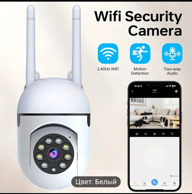 Камера безопасности WiFi с двумя антеннами, поддержка 2.4ГГц WiFi, обнаружение движения, двухсторонний аудиообмен и мобильное приложение для просмотра. Цвет: белый