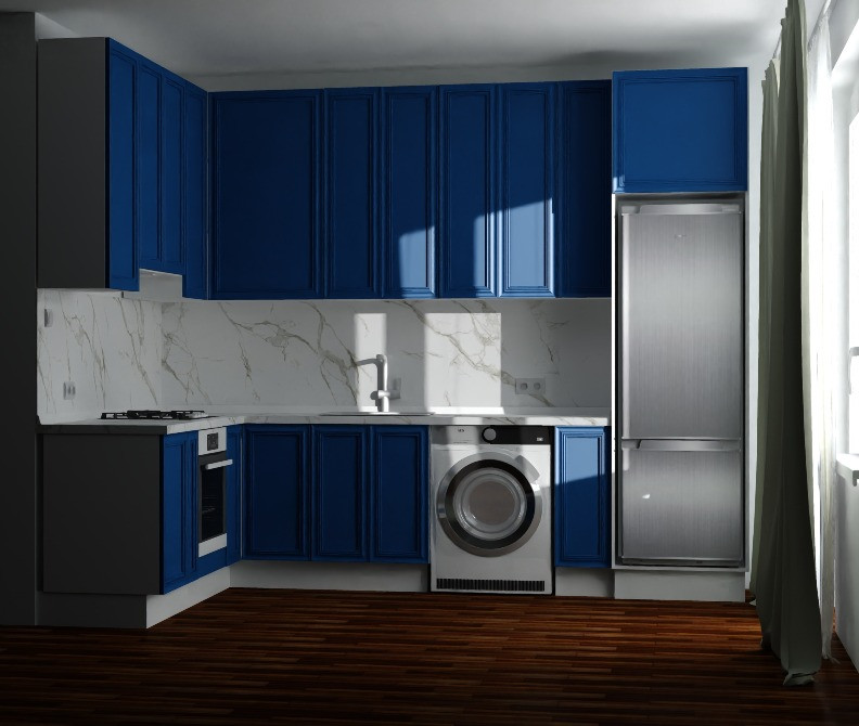 Заманауи асхана көк шкафтармен, мраморлы қабырға және кір жуғыш машинамен