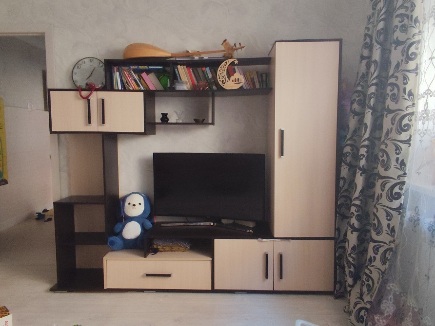 Телевизор мен жиһаз сөрелері бар қонақ бөлме