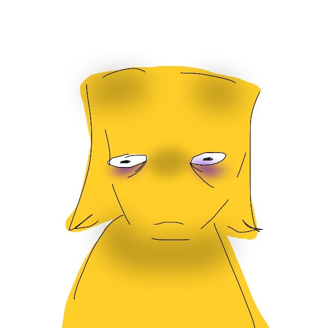 Сары басымен және шаршаған көздерімен мультяшный кейіпкер