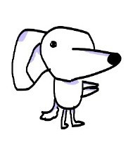 Күлкілі мимикамен және тік тұрған позадағы мультяштық ит