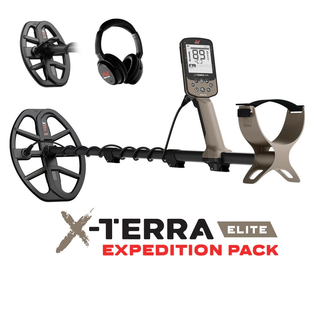 Металлоискатель X-Terra Elite Expedition Pack дисплеймен, құлаққаптармен және іздеуге арналған катушкалармен.