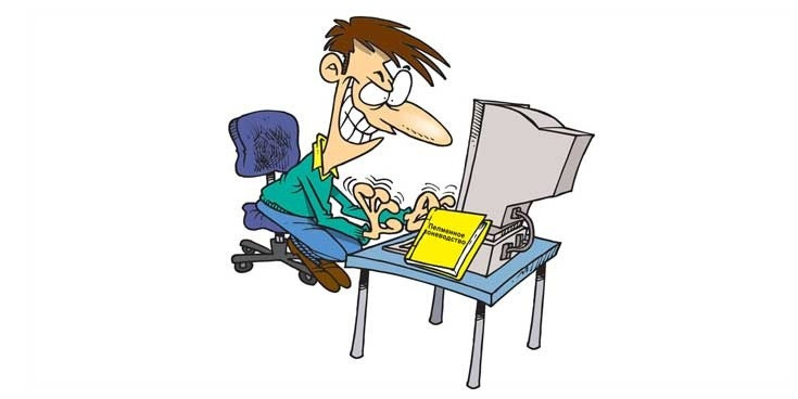 Компьютерде отырған мультфильм кейіпкері, клавиатурада теру жасап, күліп жатыр. Компьютермен және оқулықпен жұмыс істейтін үстел.