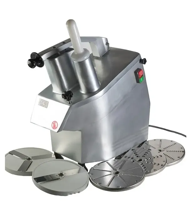 Машина для нарезки овощей и фруктов с несколькими насадками. Стальной корпус, кнопки управления и плоские лезвия для тонкой нарезки