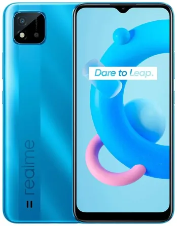 Смартфон Realme в голубом цвете с экраном и надписью 