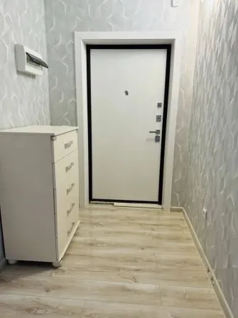 Ақ комод пен кіреберіс есігі бар кіреберіс.