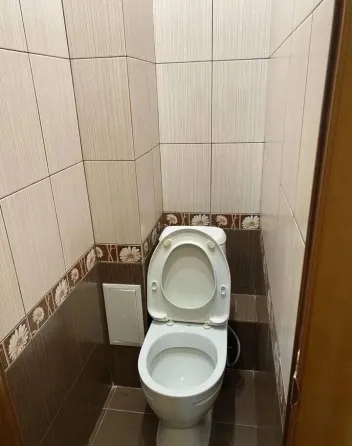 Туалет с туалетным унитазом и плиткой на стенах