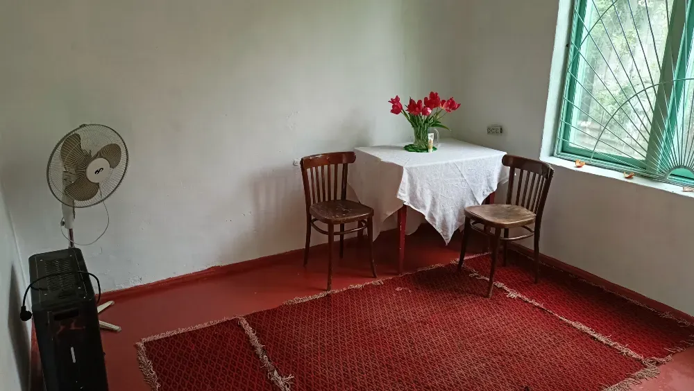 Үстелде гүлдермен және екі орындықпен асхана зонасы