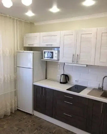 Тоңазытқыш, микротолқынды пеш және раковинасы бар ас бөлмесі