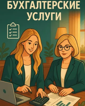 Екі әйел бухгалтерлік қызметтерді офис ішінде талқылап жатыр, үстелде ноутбук пен калькулятор, фондық графиктер мен құжаттар.