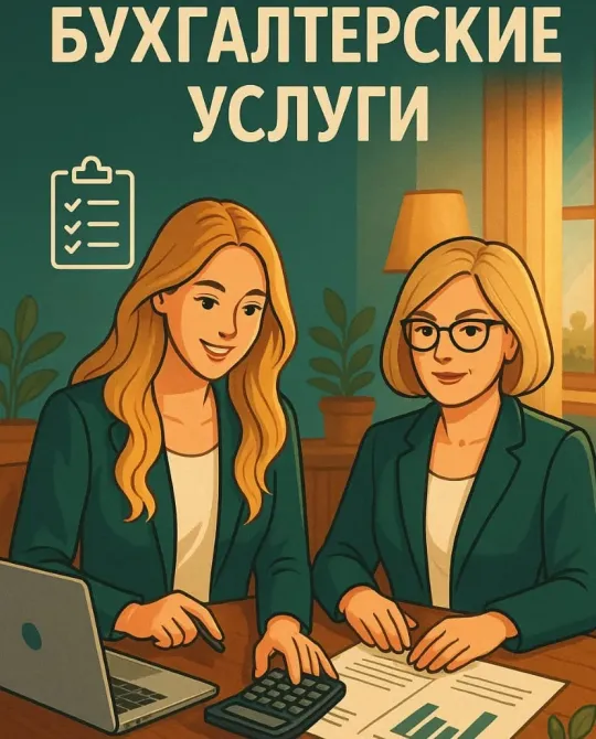 Две женщины обсуждают бухгалтерские услуги в офисе, за столом находится ноутбук и калькулятор, на фоне графики и документов