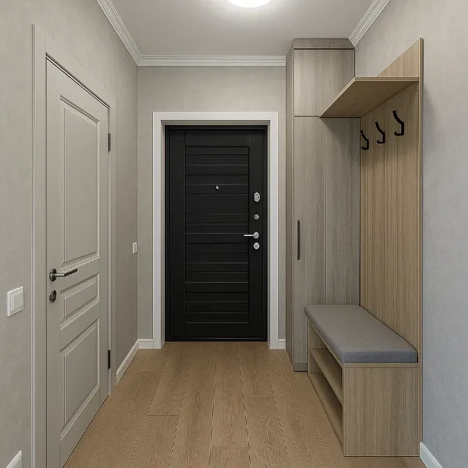 Прихожая с черной дверью и деревянной мебелью