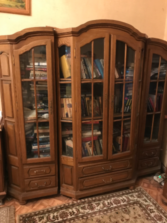 Шкаф с книгами и стеклянными дверцами, размещенный в углу комнаты