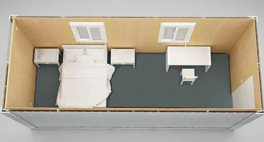 Планы внутреннего пространства контейнера с кроватью, столиком и стульчиком