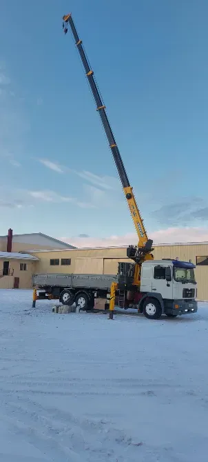 Гусеничный кран поднимает груз на snowy местности