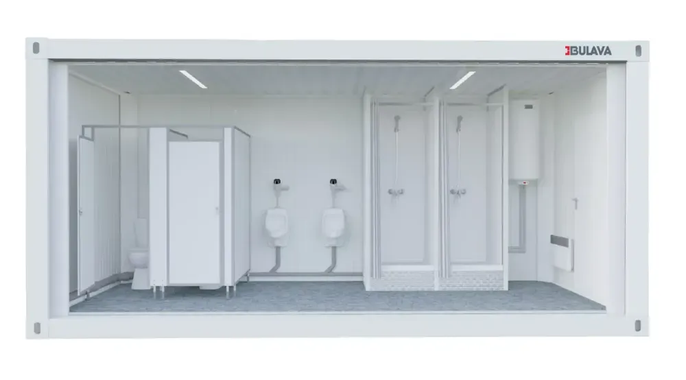 Внутреннее пространство мобильной туалетной кабины с душевыми и умывальниками