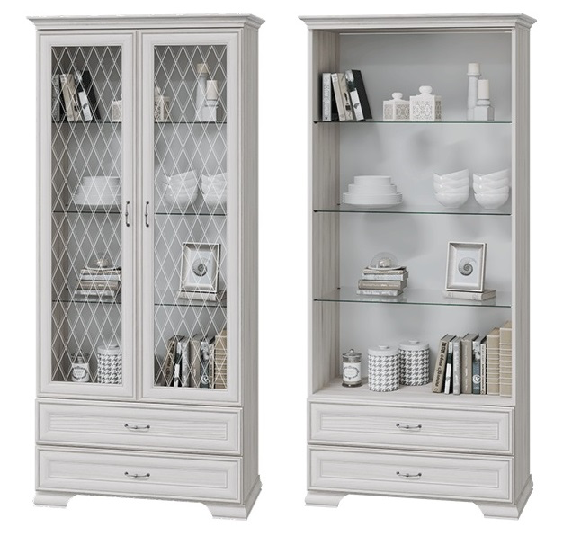 Стеклянные витрины для хранения книг и декоративных предметов, с белым отделкой и двумя ящиками в нижней части