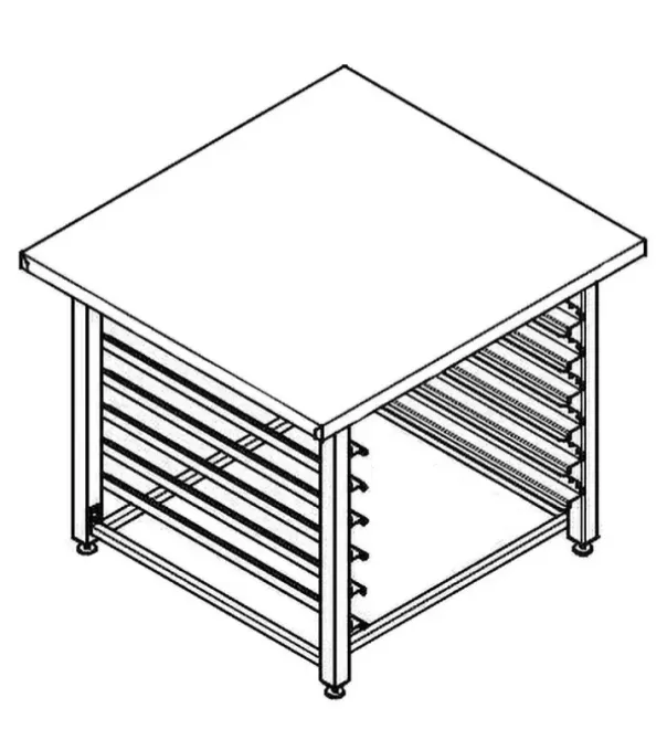 Чертеж стола с верхней плоскостью и рамой с полками снизу. Стол имеет прямоугольную форму и устойчивую конструкцию