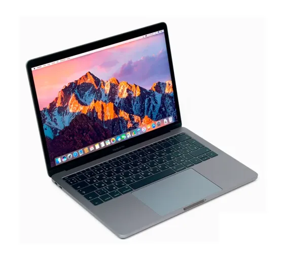 Ноутбук Apple MacBook с открытым экраном, на котором изображены горы