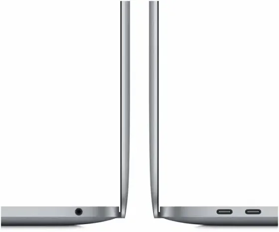 Два ноутбука Apple MacBook, показывающие различные порты и дизайны с боковой стороны
