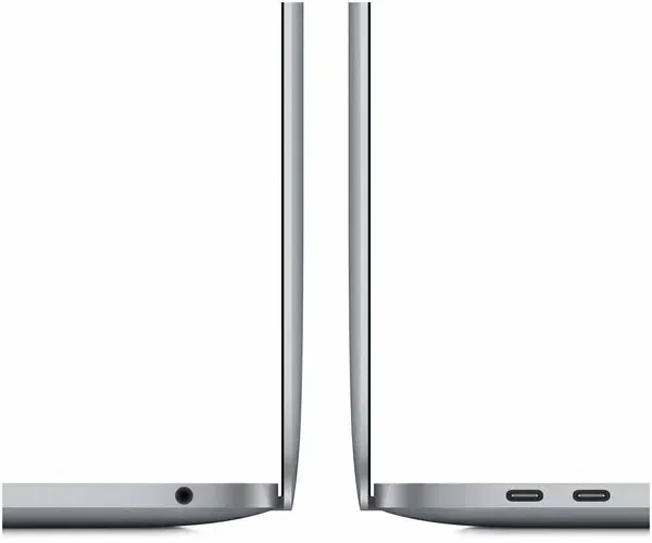 Два ноутбука Apple MacBook, показывающие различные порты и дизайны с боковой стороны