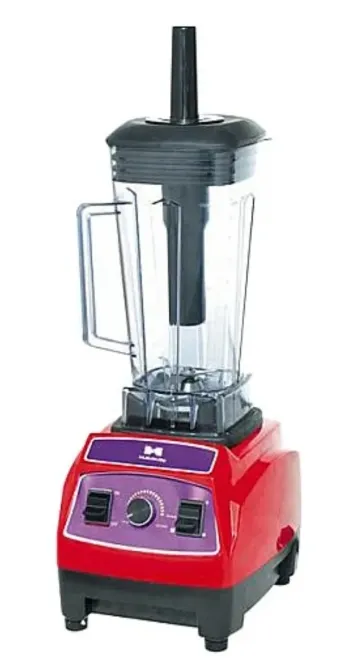 Блендер красного цвета с прозрачным контейнером и черной крышкой, предназначенный для смешивания ингредиентов