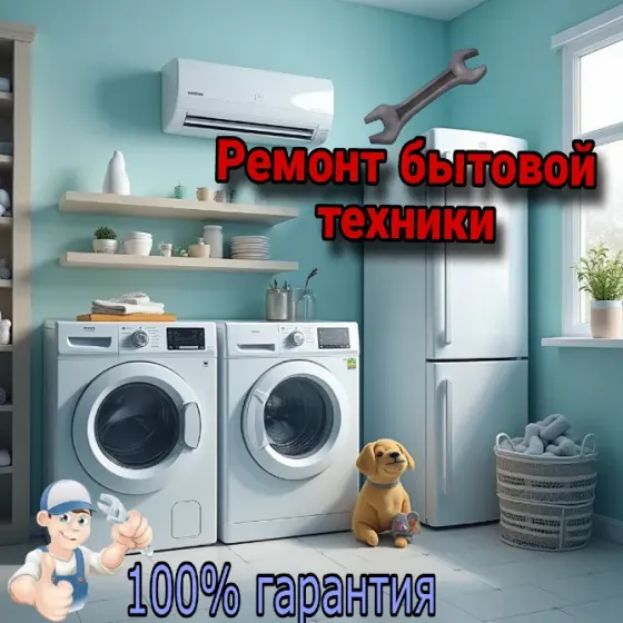 Ремонт бытовой техники в современных интерьере с техникой и символикой гарантии