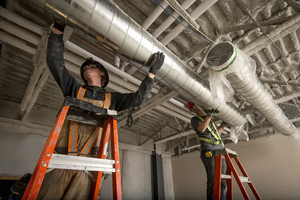 Рабочие устанавливают трубу вентиляции на потолке, используя стремянки
