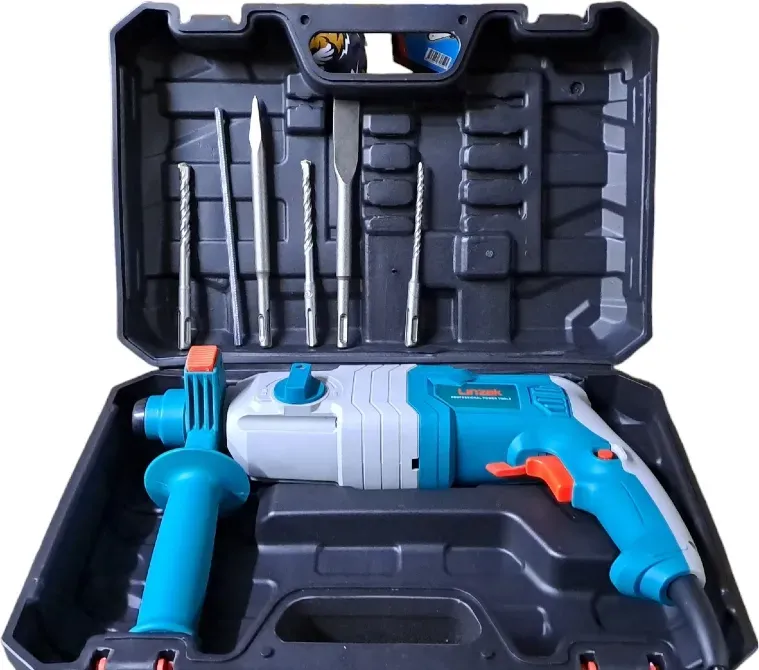 Электрический перфоратор в кейсе с набором сверл и насадок