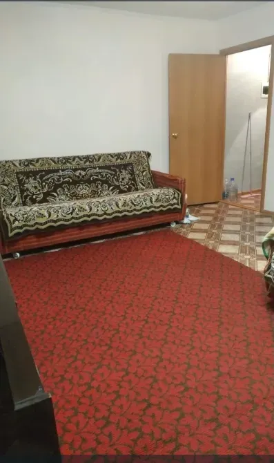 Жарық бөлме, диван және қызыл кілеммен