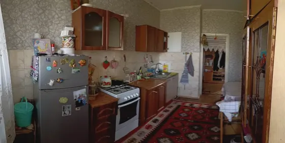 Кухня с бытовой техникой, шкафами и уютным ковром на полу