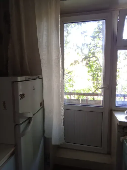 Кухня с холодильником и окном, через которое видно зелень снаружи