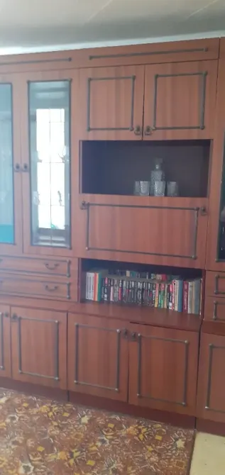 Деревянный шкаф с стеклянными дверцами и полками