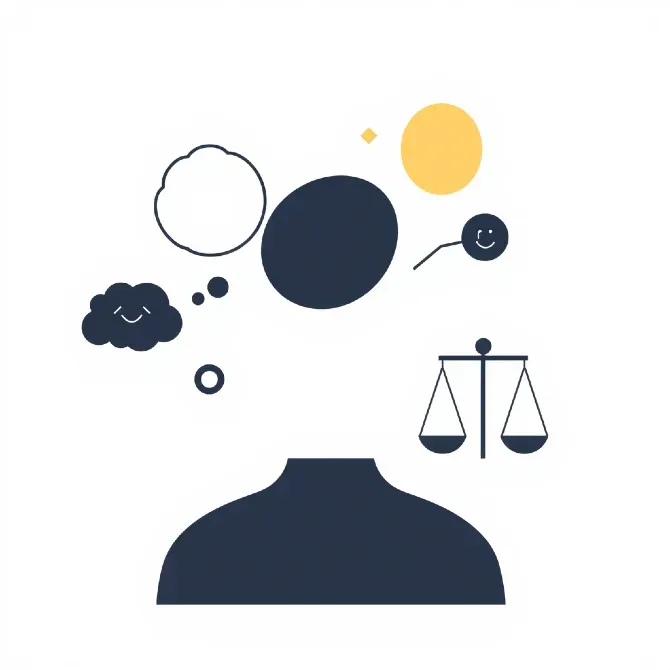 Абстрактты ойлар мен таразы бар бас иллюстрациясы, теңгерімділік пен ойлануды бейнелейді.